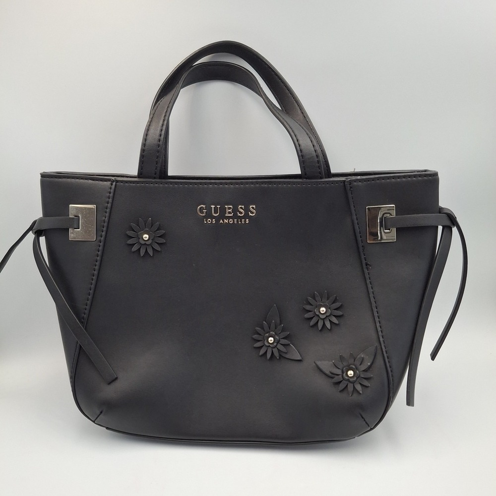 GUESS Los Angeles Black Handbag 3D Floral Applique Tote Purse Satchel Flowers
